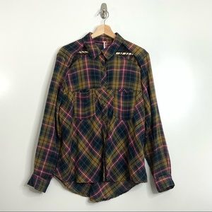 Free People Long Sleeve Ladder Stitch Plaid Blouse. Size Small.